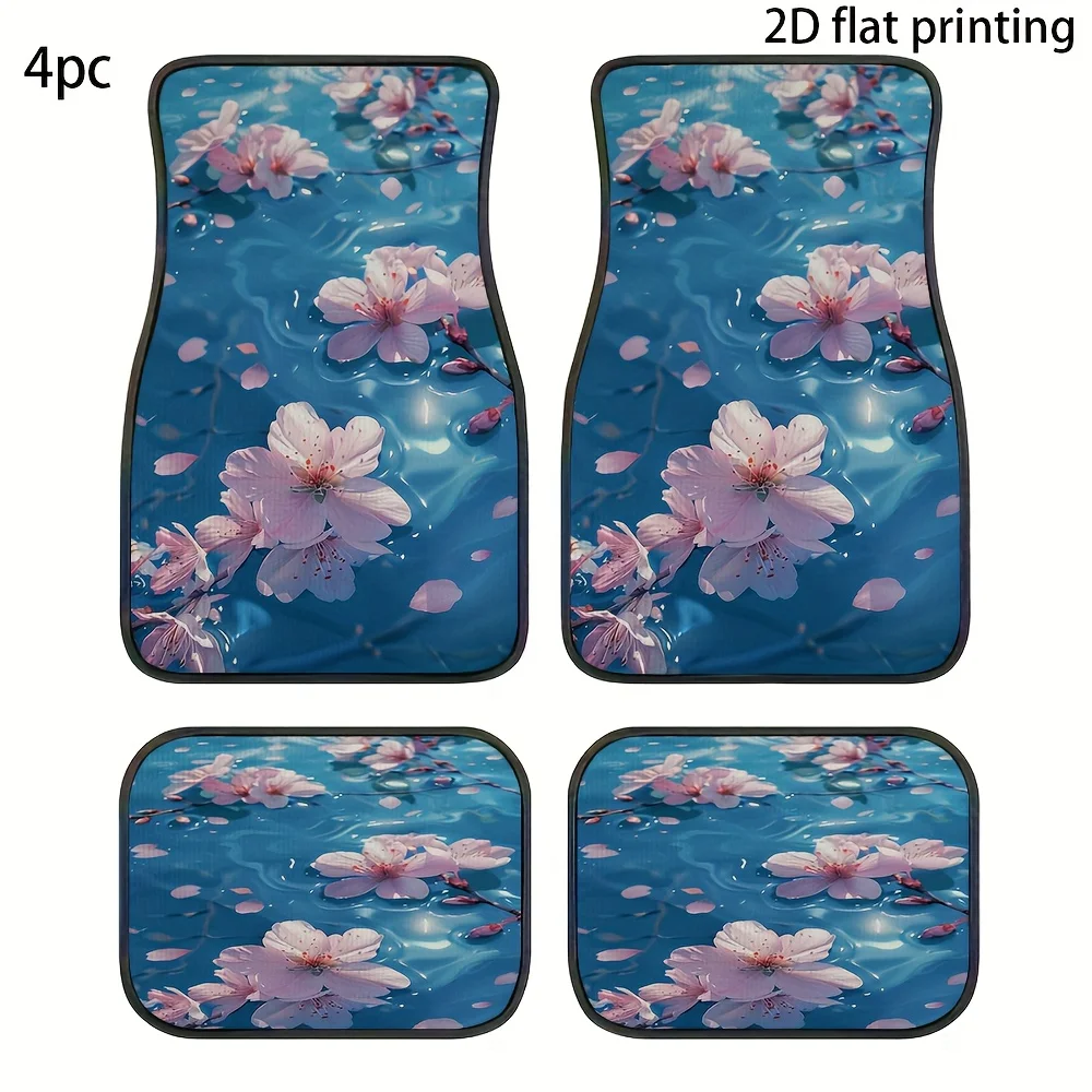 4pcs Car Floor Mats, Featuring A Design Of Cherry Blossoms Floating On A Blue Water Surface, Universal Car Mats, Made Of Polyest
