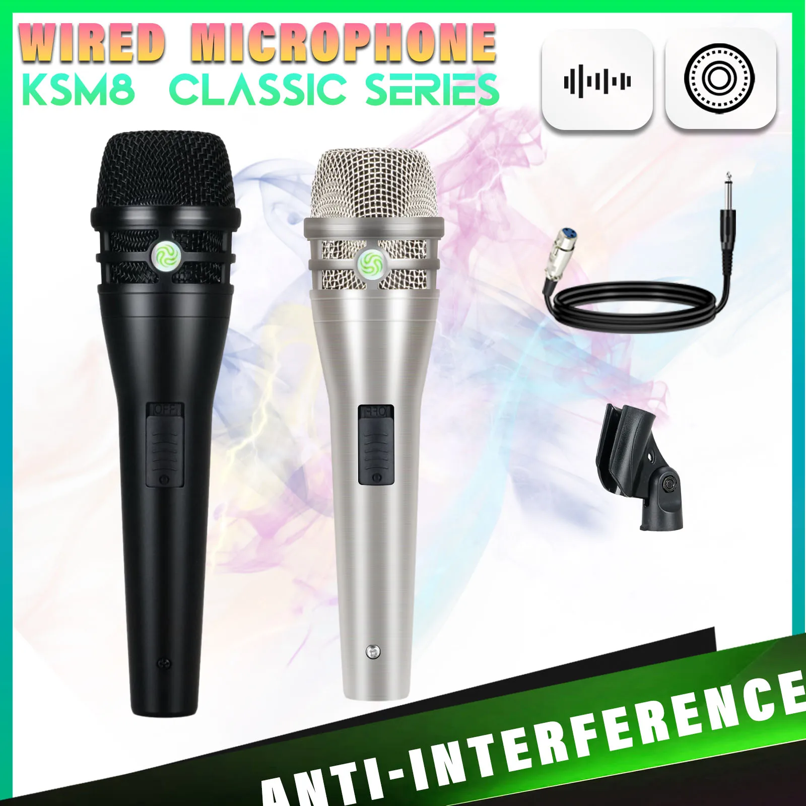 KSM8 Professional Dynamic Handheld Microphone Karaoke Slivery Wired Microphone With Clip Stereo Studio Mic