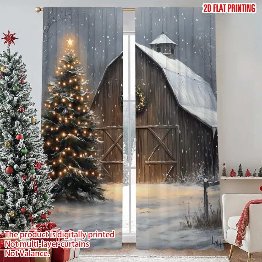 

2pcs 2D flat printing Merry Christmas Curtains Winter Christmas scene Versatile Durable Polyester Without Electricity Festive