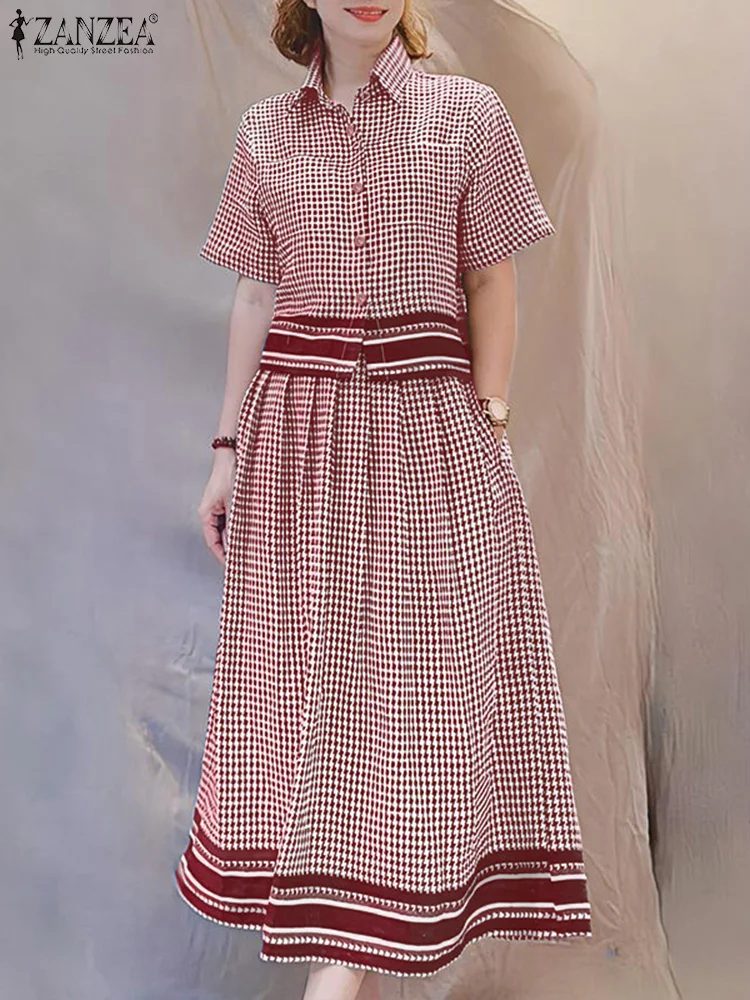 

ZANZEA Стильные элегантные комплекты из 2 предметов, женские рубашки с короткими рукавами в мелкую клетку с цветными блоками и юбки-миди трапециевидной формы, костюмы из 2 предметов, комплекты с юбкой