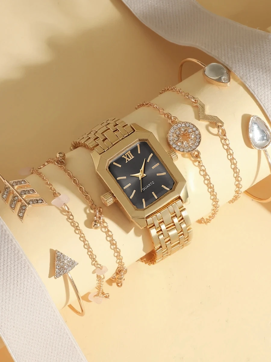 مجموعة أساور كوارتز نسائية عصرية وبسيطة ومتعددة الاستخدامات وسوار فولاذي مربع الشكل مكونة من 7 قطع، مناسبة لعيد الميلاد وعيد الشكر #5