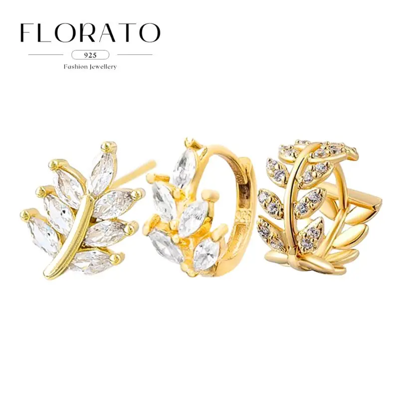 925 Silver Needle Leaf Inlaid Diamond Stud Earrings Hoop Earring For Women Niche Perforated Earrings Fashion Party Jewelry