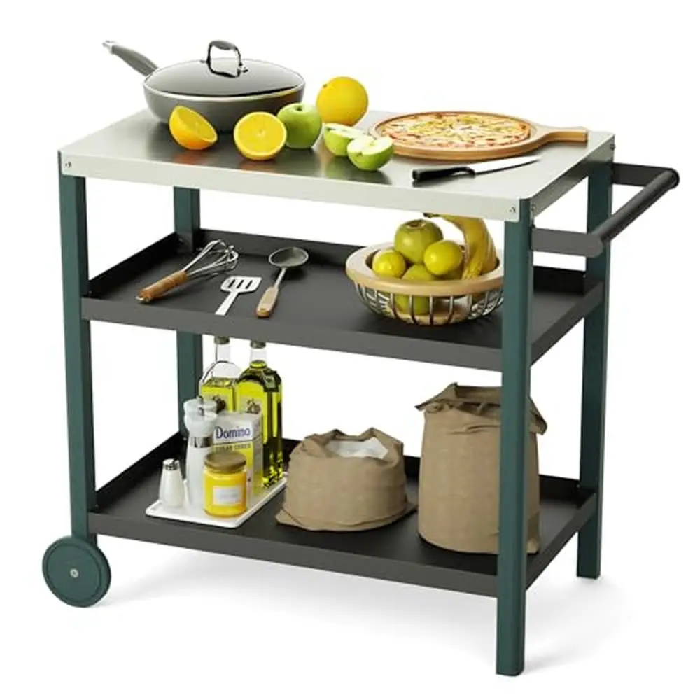 Outdoor Stainless Steel Grill Table 3-Shelf Dining Cart with Waterproof HDPE Legs Lightweight & Corrosion-Resistant L34 x W19.7