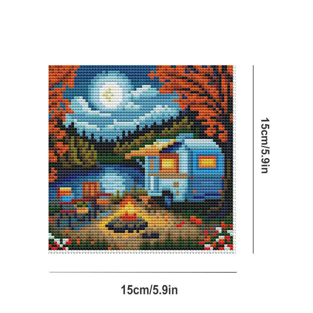 8Pcs Cross Stitch Autumn Night Scenery Moon Pattern Stamped 11Ct Embroidery Printed Fabric Handmade Gifts 15X15cm/5.9X5.9In