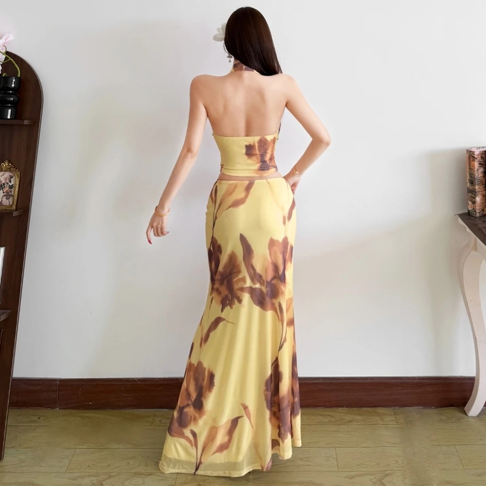 Kliou Flower Print 2 Piece Set Woman Summer Trend Halter Low-Neck Backless Crop Tops+Long Skirts Holiday Elegant Style Outfits - Image 4