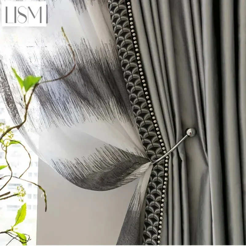 New American Light Luxury Jacquard Lace Stitching Thickened Blackout Curtains For Living Room And Bedroom Customized Products