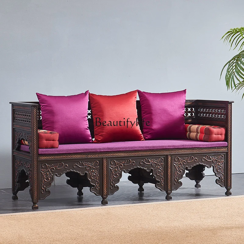 White wax wood carving simple living room couch, Thai massage shop tea room three-person sofa