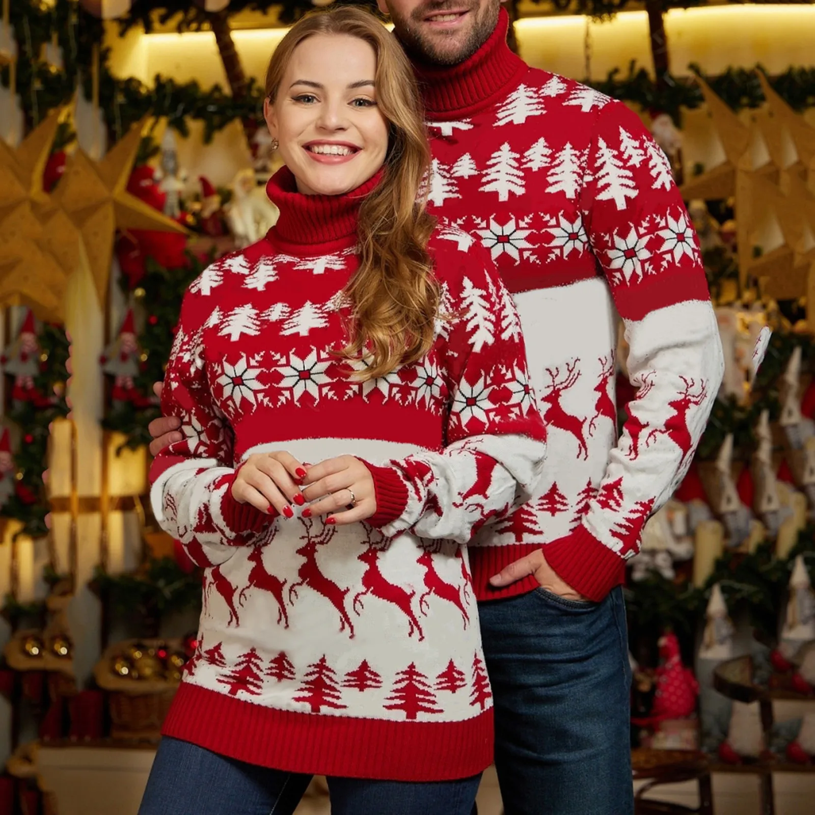 Suéter de punto de cuello alto para mujer, jersey de árbol de Navidad, suéteres gruesos, tema navideño, Otoño e Invierno