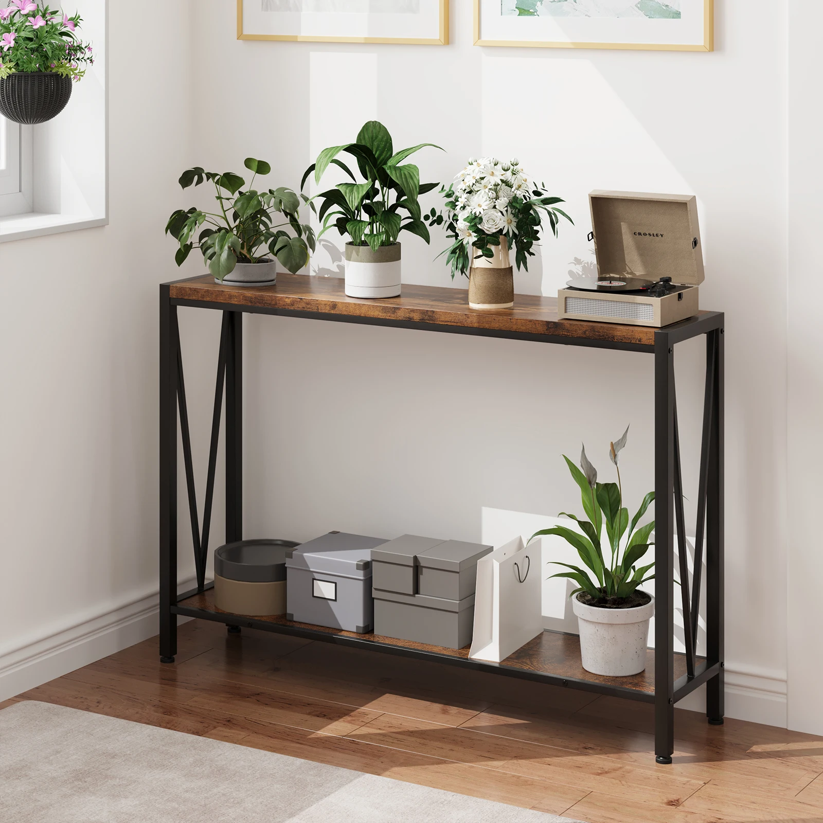 2-Tier Industrial Console Table Entryway Table Skinny Sofa Table with Shelf for Entryway Living Room Hallway Foyer Corridor