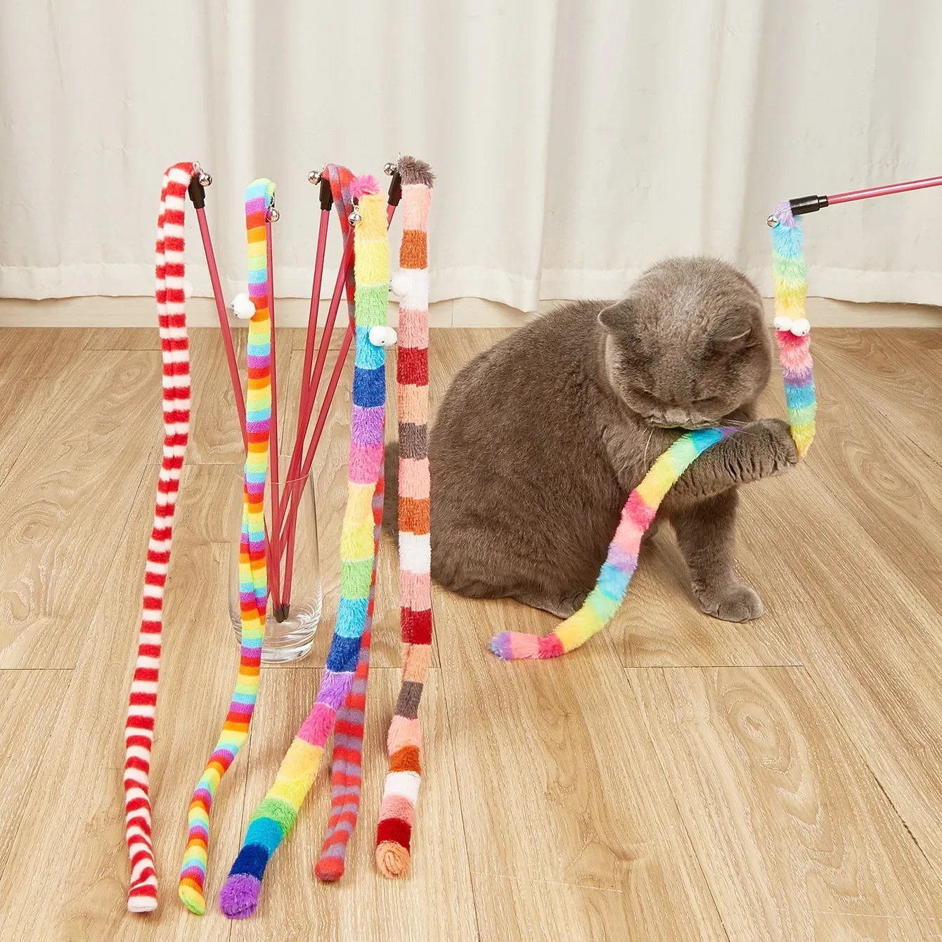 Cat Toy Caterpillar Teaser Wand Cat Interactive Toys Funny  Feather Colorful Rod Teaser Wand Pet Cat  Accessory