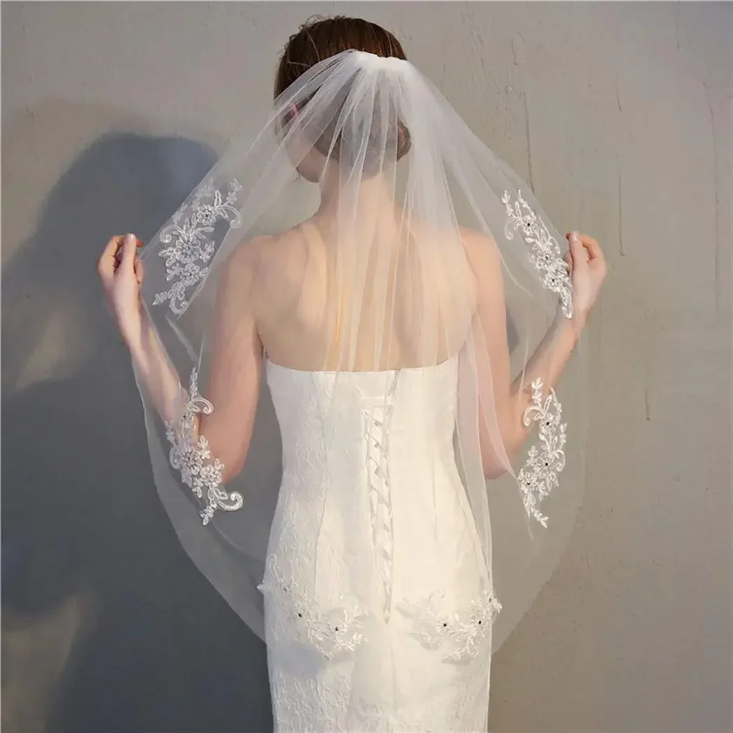 1T Wedding Veils for Waist Length Ivory Short Length Lace  Cut Edge Veil Rhinestone Bride