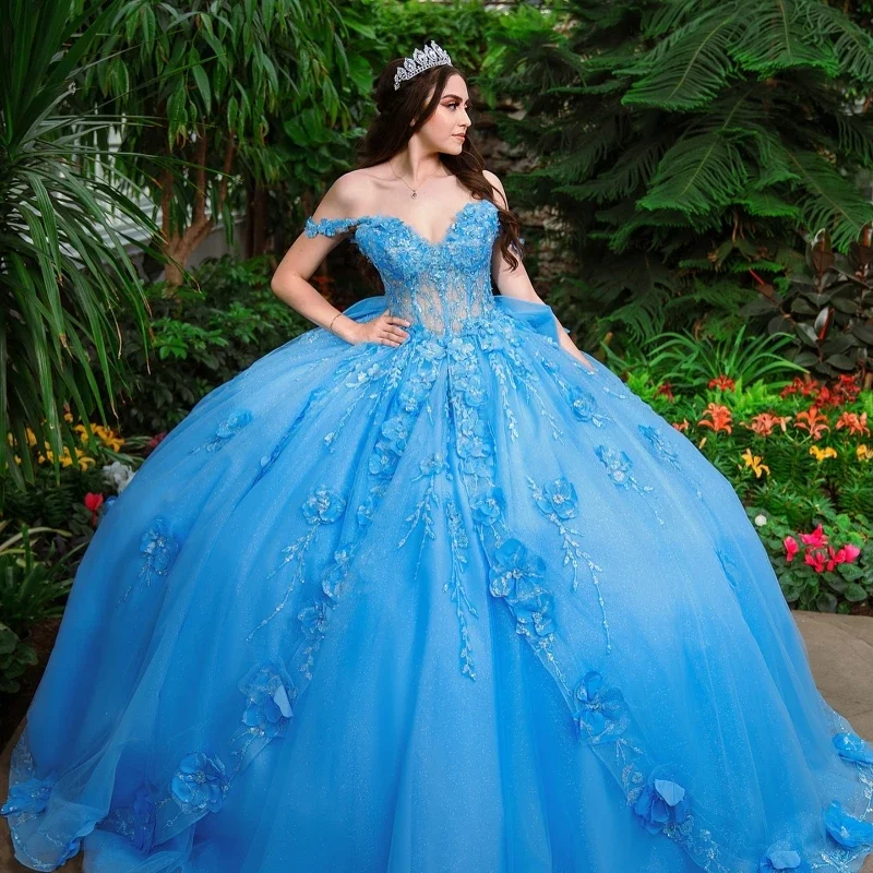 Sexy Off-Shoulder Shinning Light Blue Illusion Quinceanera Dresses 3D Flower Tassels Birthday Sweet vestidos de 15 quinceañera