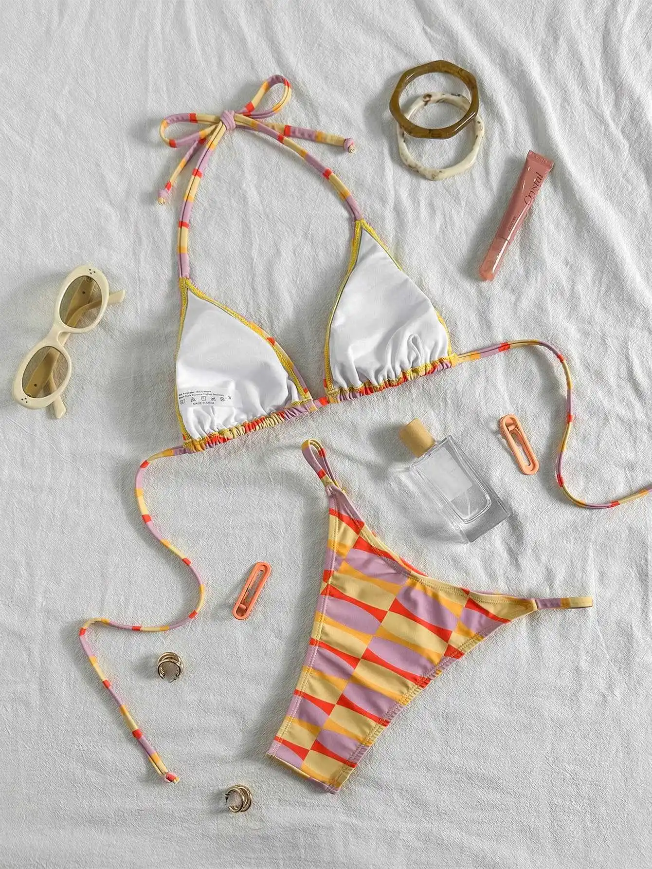 sexy yellow purple patchwork bikinis sets two pieces halter back tie swimsuits bathing suit swimwear biquini tankini trikini