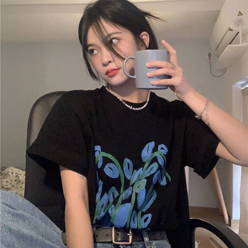 

Summer Rose Print Women O Neck Short Sleeve T Shirts Cotton Korean Fashion Harajuku All-match 2xl Oversized Tops Tee Black White