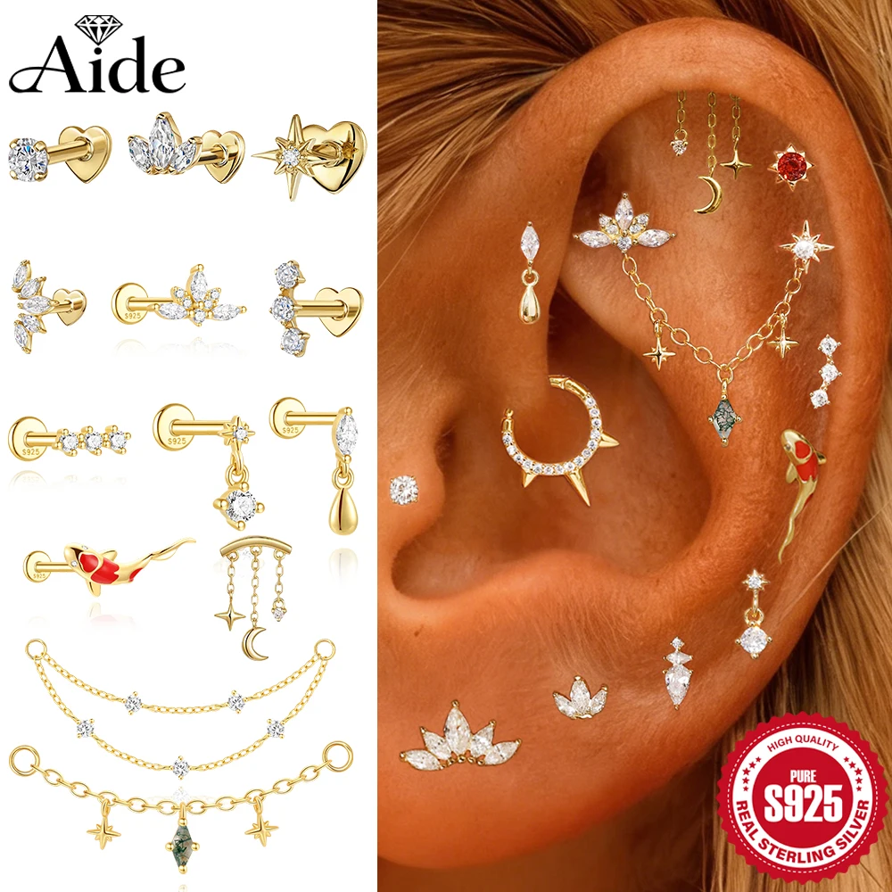 AIDE Piercing Earrings 925 Sterling Silver Trinkets Lucky Red Koi For Women Geometric Chain Zircon Ear Bone Stud Earring Jewelry