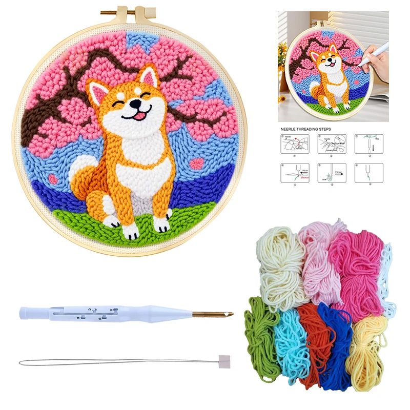 Punch Needle Starter Kits Dog Cute Animal Pattern Punch Needle with Hoop Embroidery Craft Kit for Adults DIY Gift