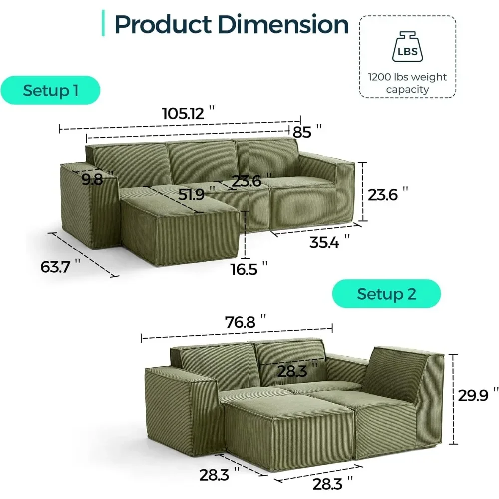 Oversized Deep Modular Sectional Sofa, Cloud Couch L Shaped 3-Seat Sofa With Ottoman, Corduroy Sectional Couches For Living|