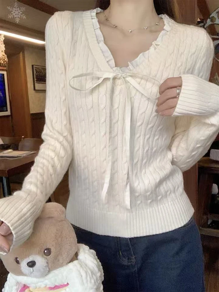 Sweet Bow Knit Sweater for Women Korean Chic Lace Up Long Sleeve Patchwork Slim Pullovers Autumn Winter All Match Jumper Mujer