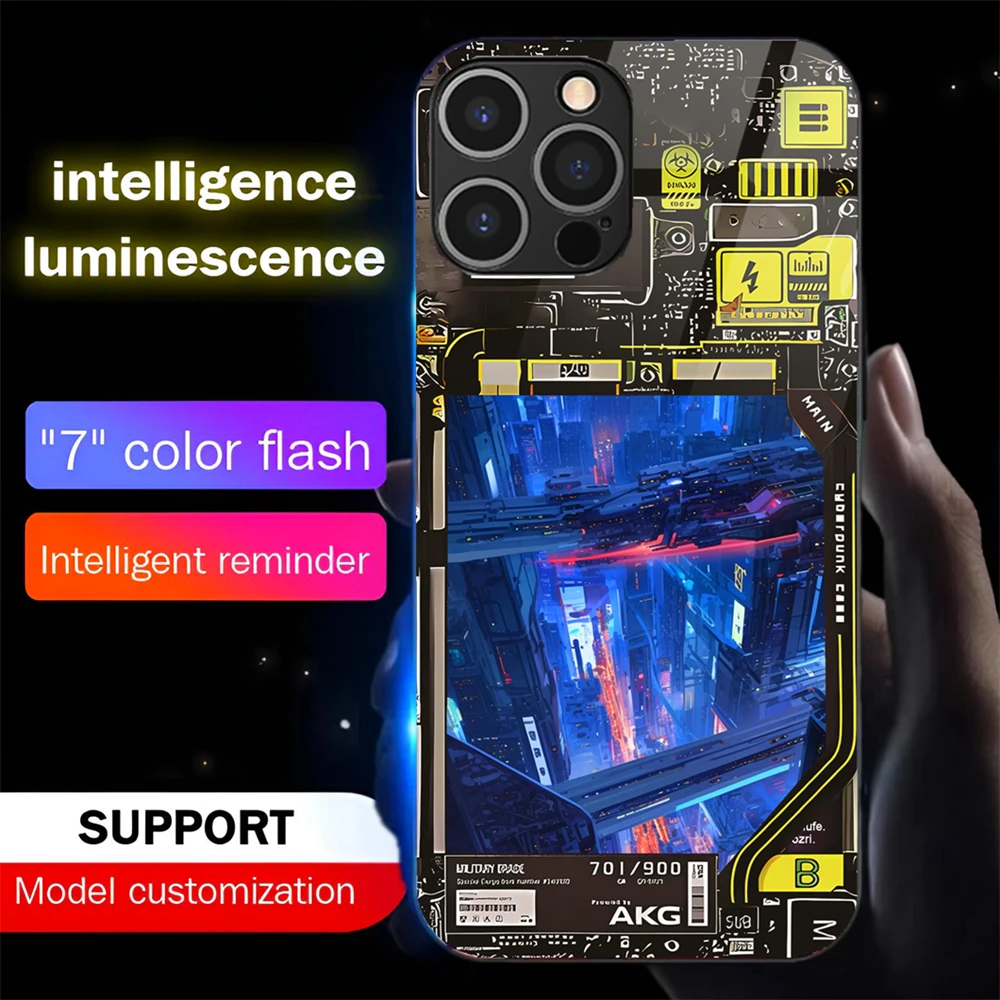 

Luxury Punk City Luminous Glass LED Call Light Up Flash Phone Case Cover For iPhone 16 E 15 14 13 12 Pro Max 7 Plus X XR
