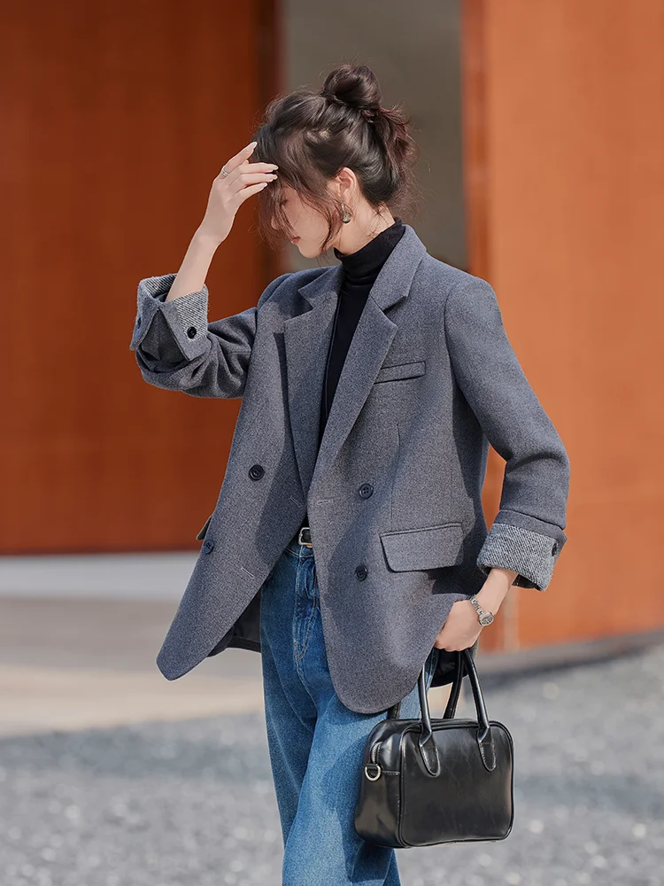 Gray Woolen Suit Jacket Women's Spring Autumn Loose plus Size Professional Elegant Commute Style Long Sleeve Double Breasted