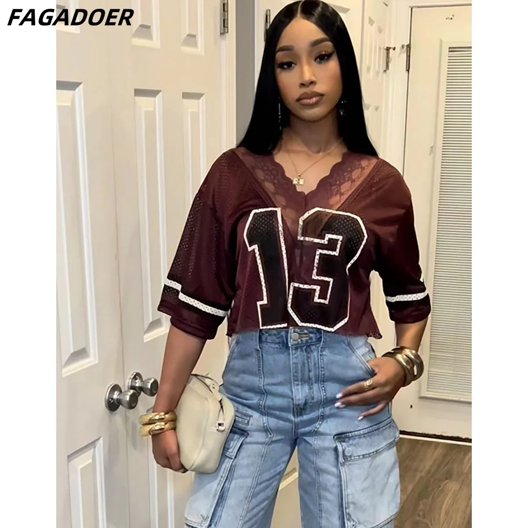 FAGADOER Sexy Lace Patchwork Basketaball Tshirt Women Letter Print V-neck Mesh Sheer Loose Crop Tops Hot Girl Y2k Streetwear