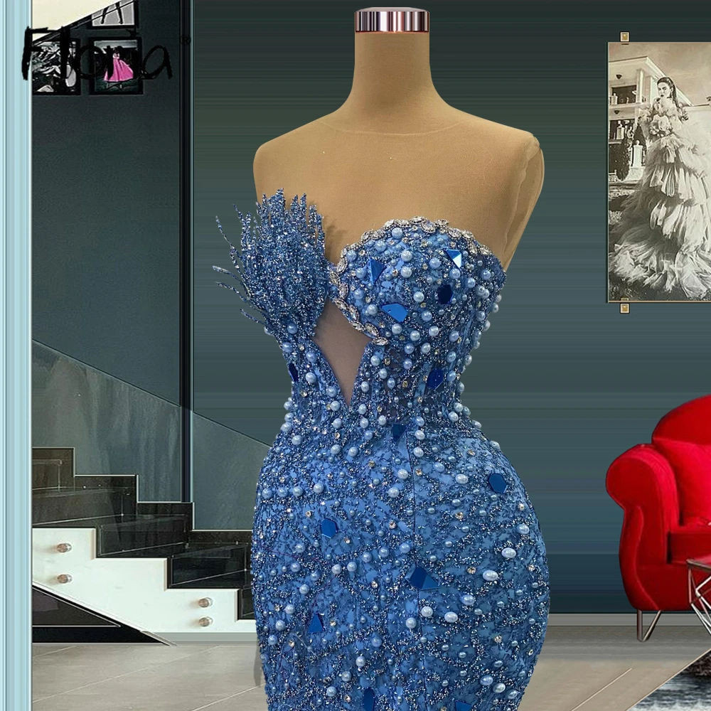 Couture Beautiful Blue Party Dress Women Wedding Wear Custom Made Sexy Strapless Corset Formal Evening Dresses Robes De Soirée