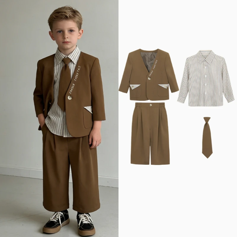 

Boys Formal Suit Set Cream Blazer Text Embroidery Striped Shirt Pants Tie Kids Gentleman Outfit for Wedding Party Photo Shoot