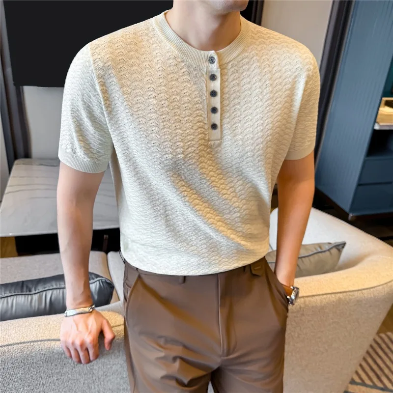 

Brand Henry Collar Men's Short Sleeve T-Shirt Summer Knit Polo Shirts Slim Fit Solid Color Versatile Casual Business Tshirts