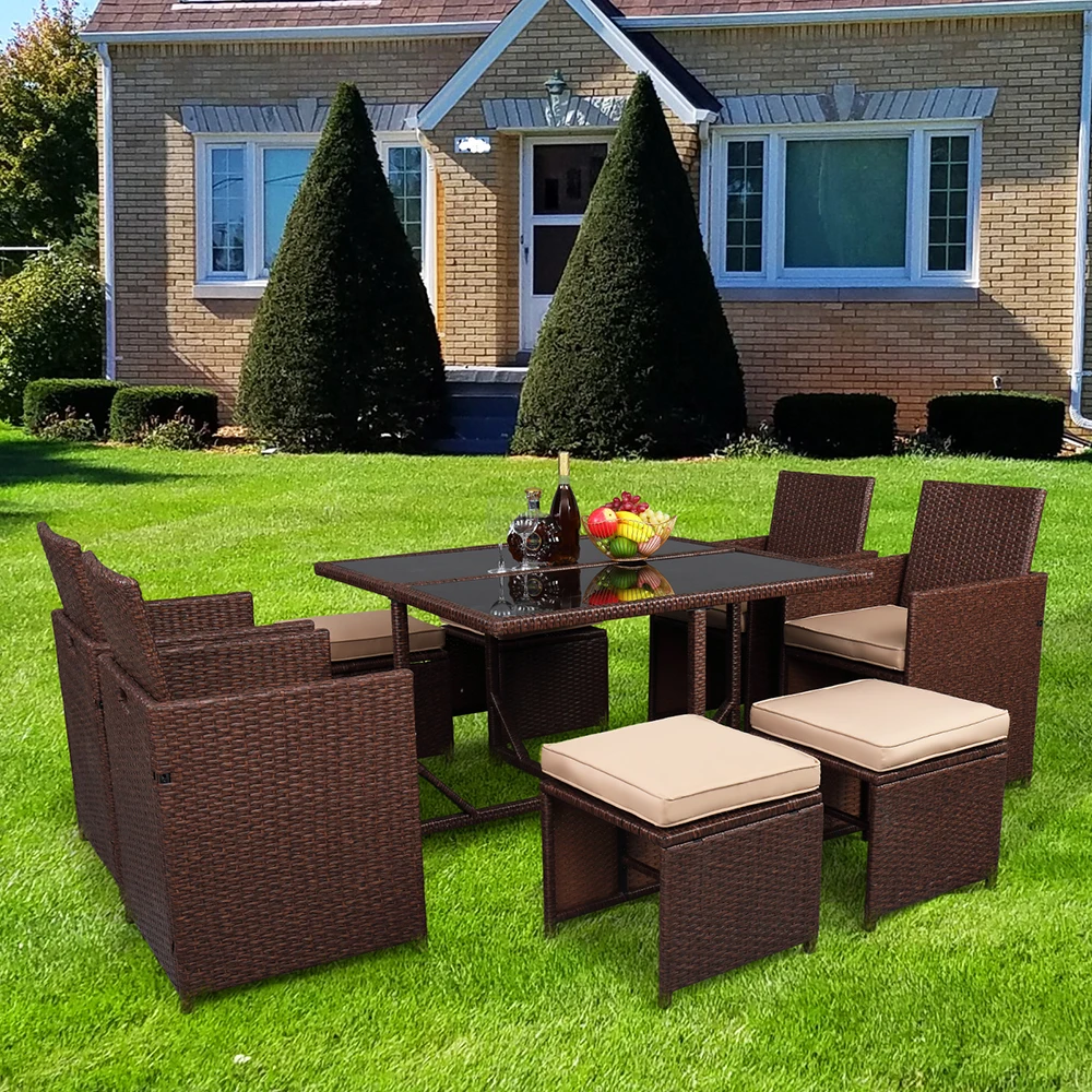 9 Pieces Wood Grain PE Wicker Rattan Dining Ottoman with Tempered Glass Table Patio Furniture Set