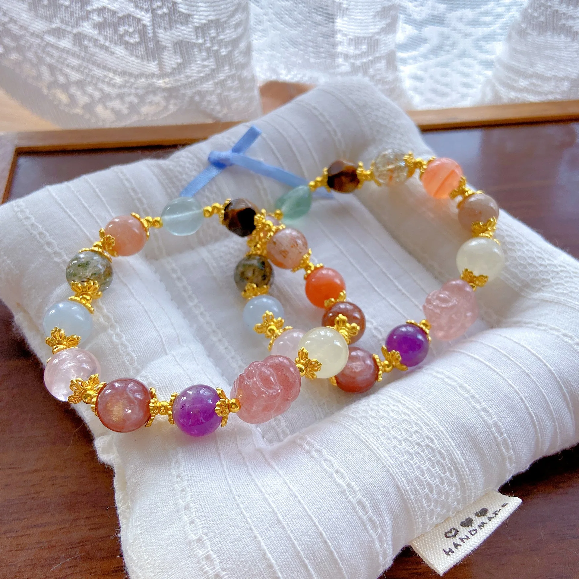 Chinese Style Lucky Pixiu Multi Gemstone Beaded Bracelet Strawberry Crystal Amethyst Lepidolite Wealth Attraction Good Luck Feng