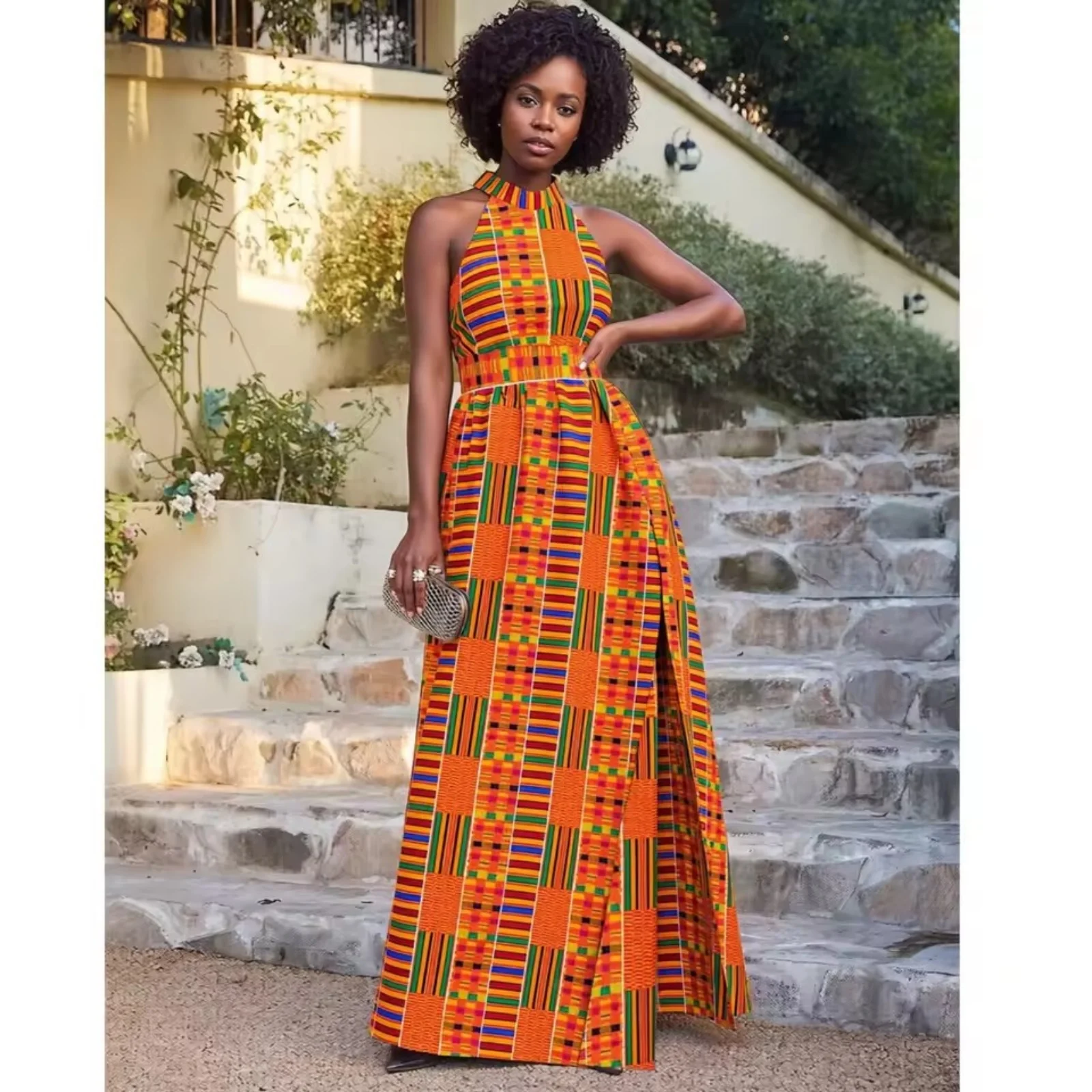 African Women's Ankara Print Halter Maxi Dress Sleeveless High Waist Side Slit Long Formal Gown Geometric Tribal Pattern for Par