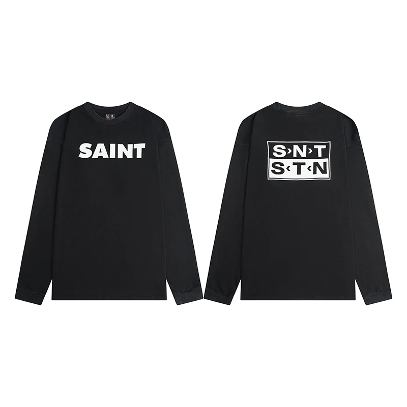 Saint Front Back Letter Print Long Sleeve T Shirt Men Women Solid Color Oversized Tee Unisex Hip Hop Streetwear Casual