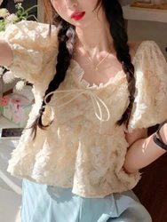 Elegant Sweet Kawaii Blouse Summer France Chic Cute Blouse Female Holiday Korean Style Puff Sleeve Fashion Tops Casual 2022 New