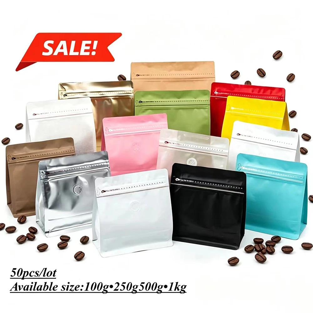 50pcs Matte Black Mylar Aluminium Foil Heat Seal Coffee Bags with Valve Resealable Powder Nut Snack Tea Pet Food Packaing Bags