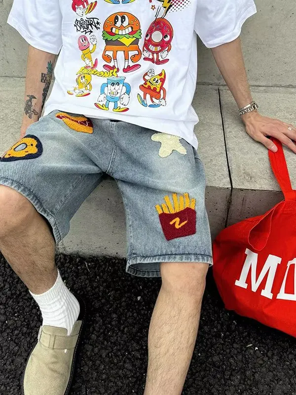 

Американские ретро мультяшные полотенца с вышивкой, джинсы orts, мужские летние повседневные свободные прямые брюки с широкими штанинами, пять четвертей