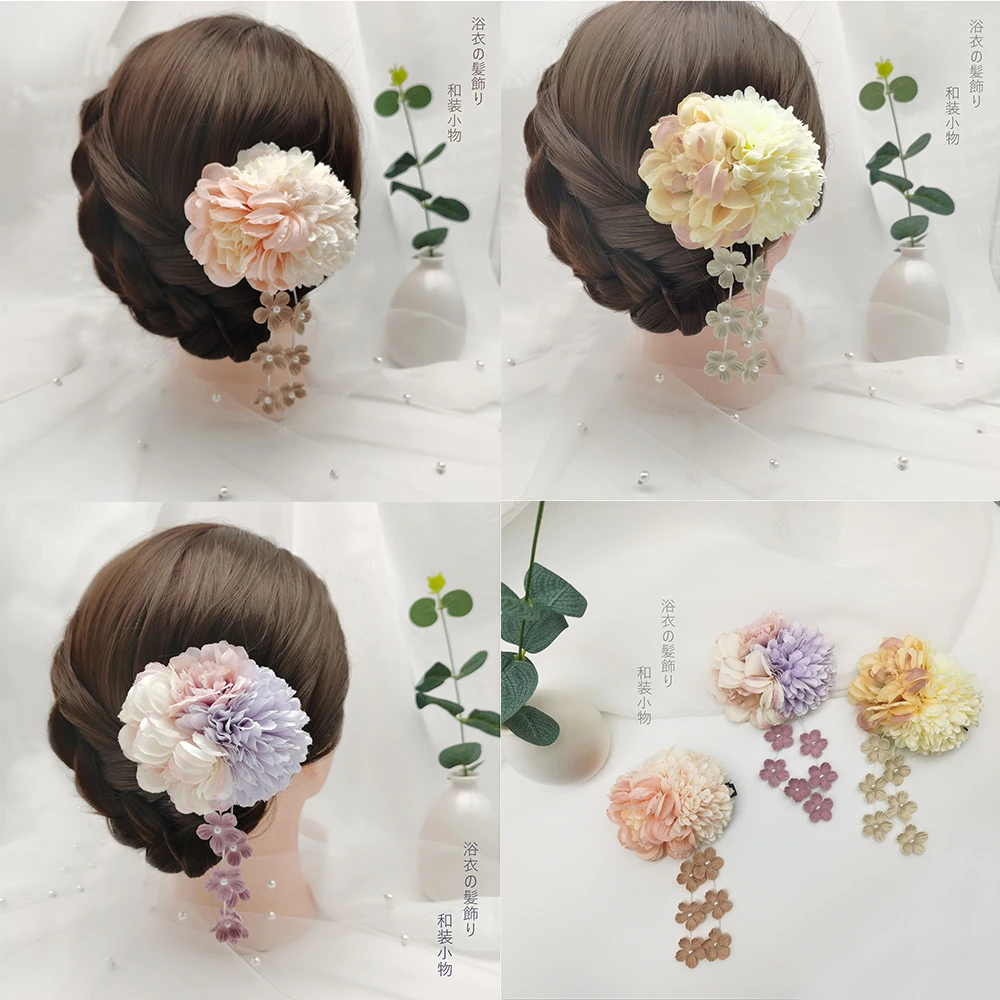 Japanese Handmade Fabric Flower Hair Accessories Clip Tassel Kimono Hairpin Headdress Geisha Barrette Wedding Festvial Hairpins