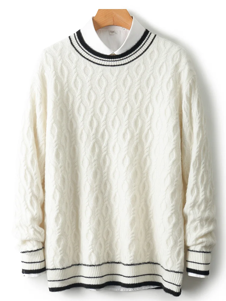 Men Basic O-neck Vibrant Contrast Sticky Wool Sweater Autumn Winter  Pullover 100% Merino Wool Knitwear Smart Casual Jumper Top