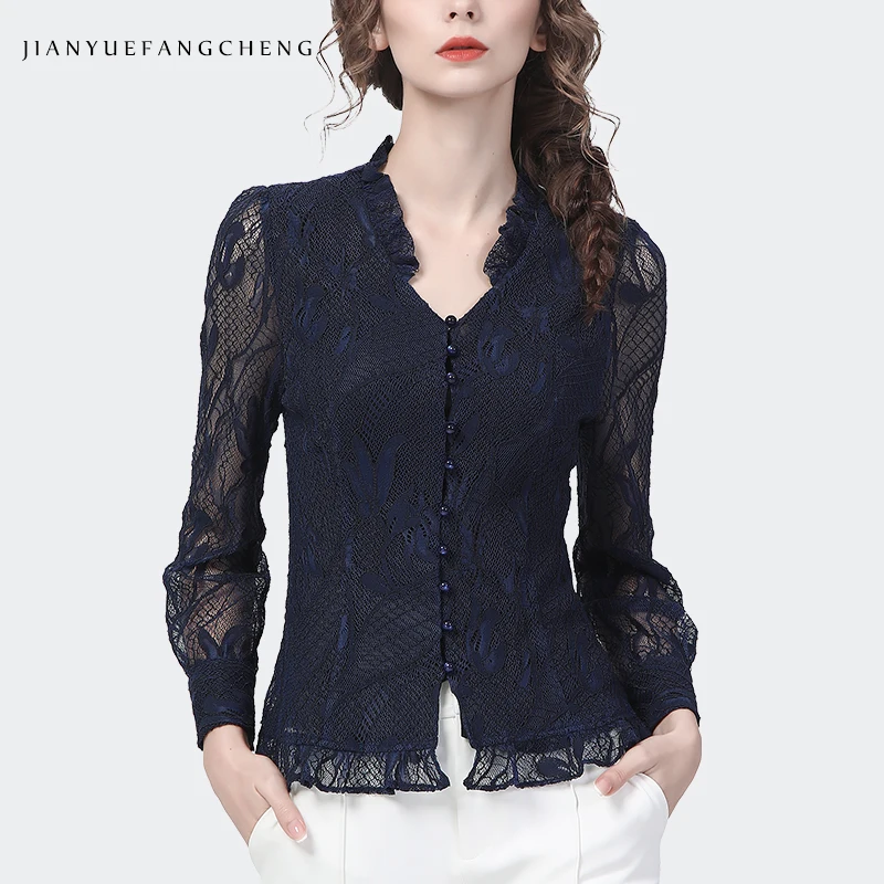 Lace Top Women 2024 Spring New Long Sleeve V-Neck Hollow Out Button-down Shirt Slim Cinched Waist Female Casual Office Blouses