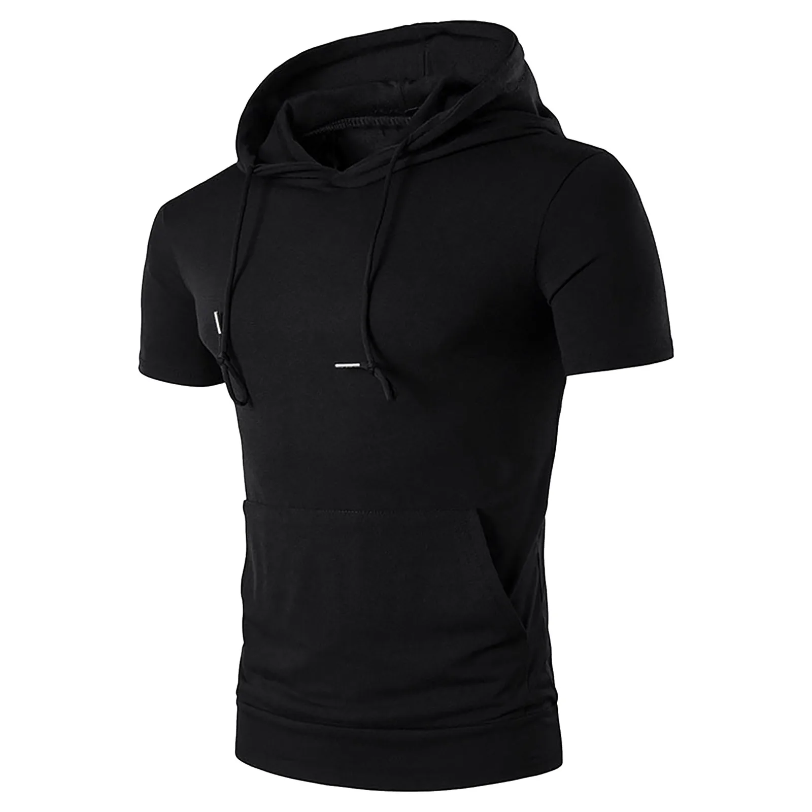 2024 Summer Sports Men Hooded T Shirt Solid Color Casual Loose o-neck T Shirt Slim Fit Tee Tops With Pocket Running Sweater Man