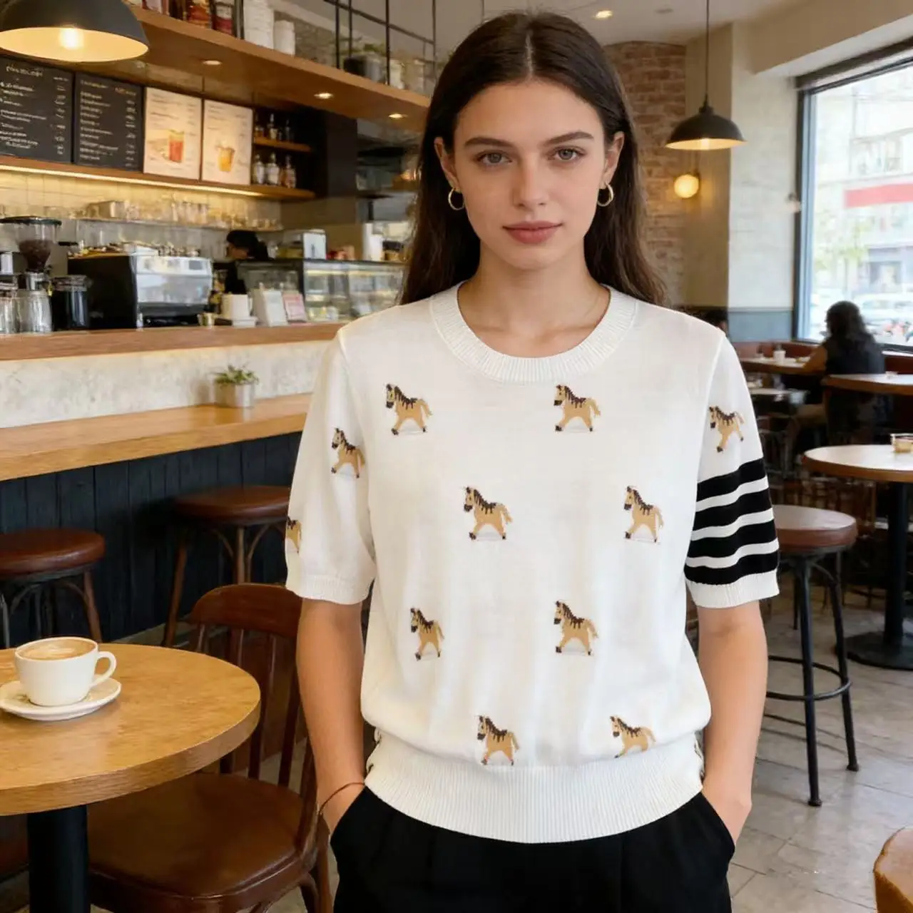 

College Style Cartoon Embroidered T-Shirt Women's Summer New Four Bar Short Sleeve Silk Knitted Shirt Loose Fit Soft ro...