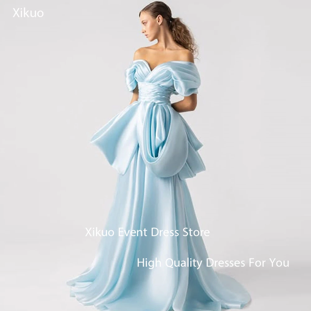 

Xikuo Elegant Sky Blue Satin Evening Dress A Line Off Shoulder Robe Cocktail Femmes Floor Length Pleated Prom Gowns Customized