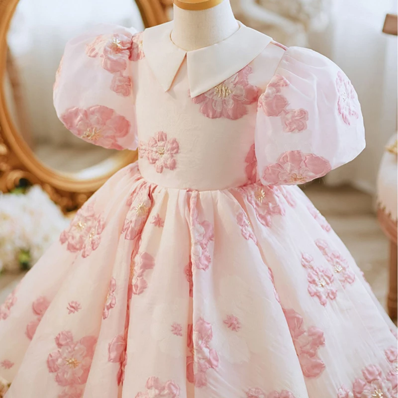 Pink Embroidered Short Evening Gowns for Little Girls Birthday Party Dresses Luxury Gala Wedding Kid Formal Occasion Dress Child