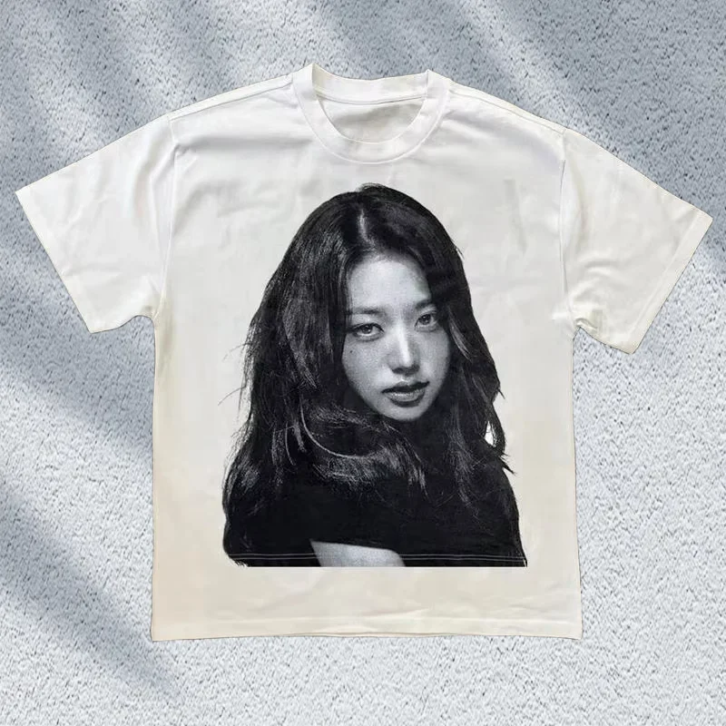 Y2K Retro Portrait Unisex T Shirt Wonyoung Monochrome Grayscale Graphic Basic Top Aesthetic Streetwear for Daily Y2k Ins Clothes