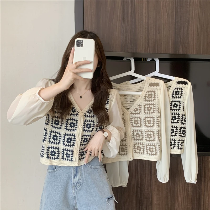 

Boring Honey V-Neck Chiffon Sleeve Splicing Fashion Women Blouses Single-Breasted Long Sleeves Women's T-Shirts Chic Crochet Top