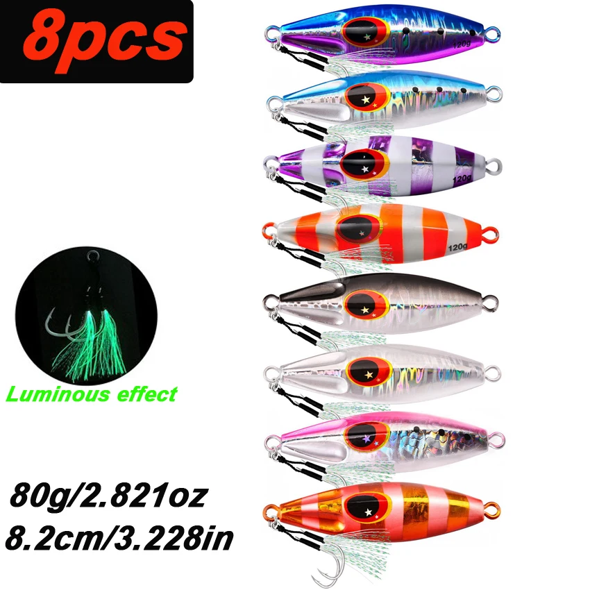 

8 шт. металлические джиг для морской рыбалки, универсальные, 120 г, 100 г, 80 г, 60 г, 40 г, для скорости, медленного вертикального отсадки, идеально подходят для тунца, лосося, парусника