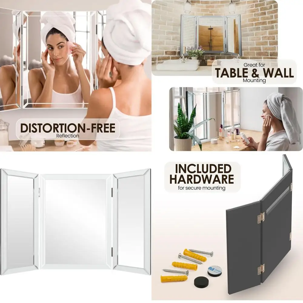 مرآة زينة قابلة للطي بثلاثة ألواح لتضفير الشعر، 360 درجة ° ، سطح الطاولة وحامل على الحائط، 28 × 40 بوصة #1