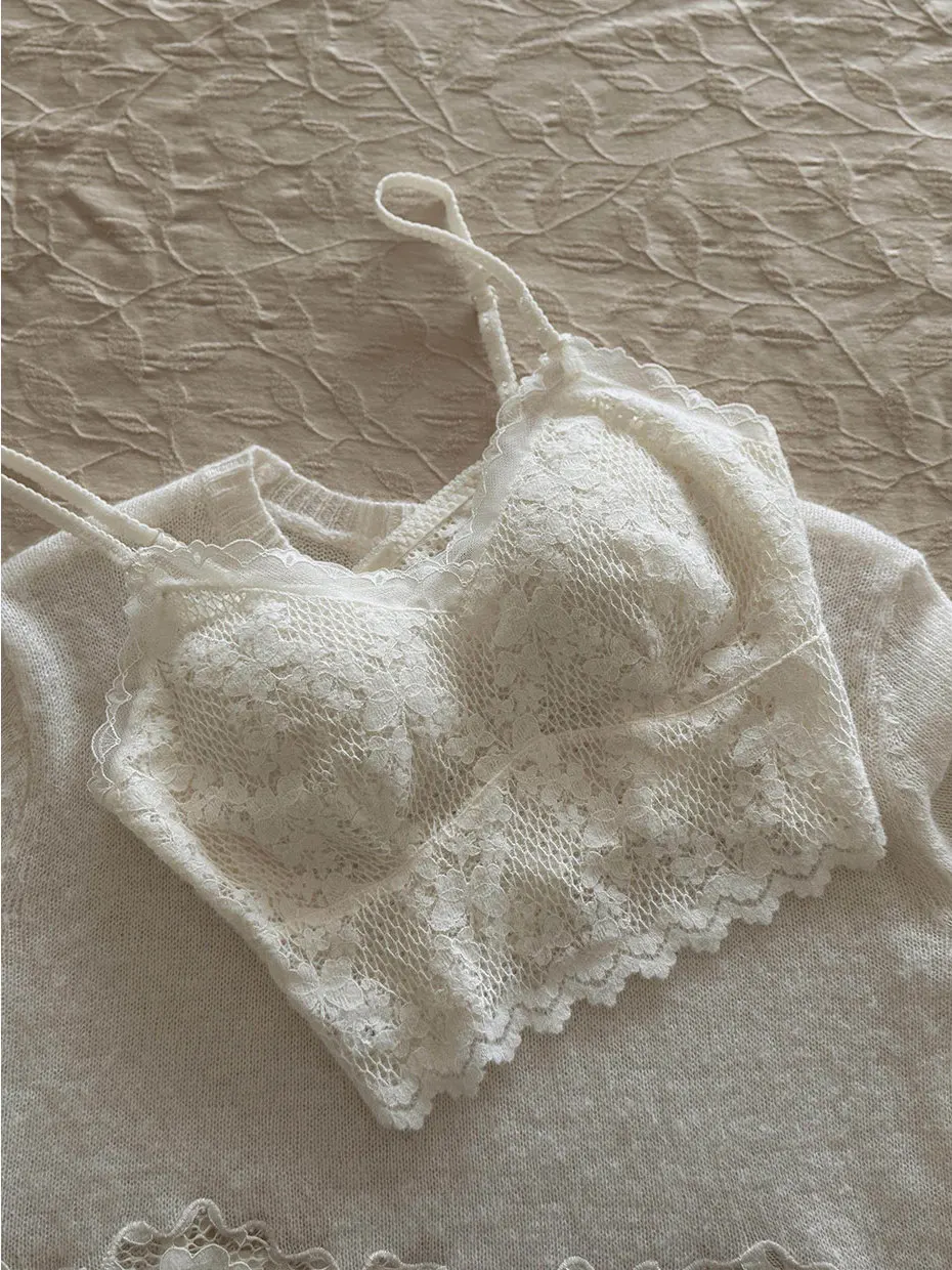 Lace Crop Top Women Summer Camisole with Chest Pad Beautiful Back Bra Integrated Underwear Base Layer Bared Back Top