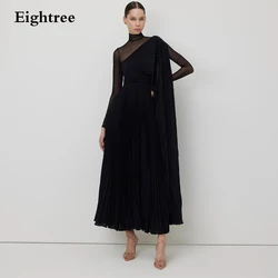 Eightree Modern Black Chiffon Evening Party Dresses Pleats Special Occasion Prom Gowns Trendy Formal Event Dress Sheer Vestidos