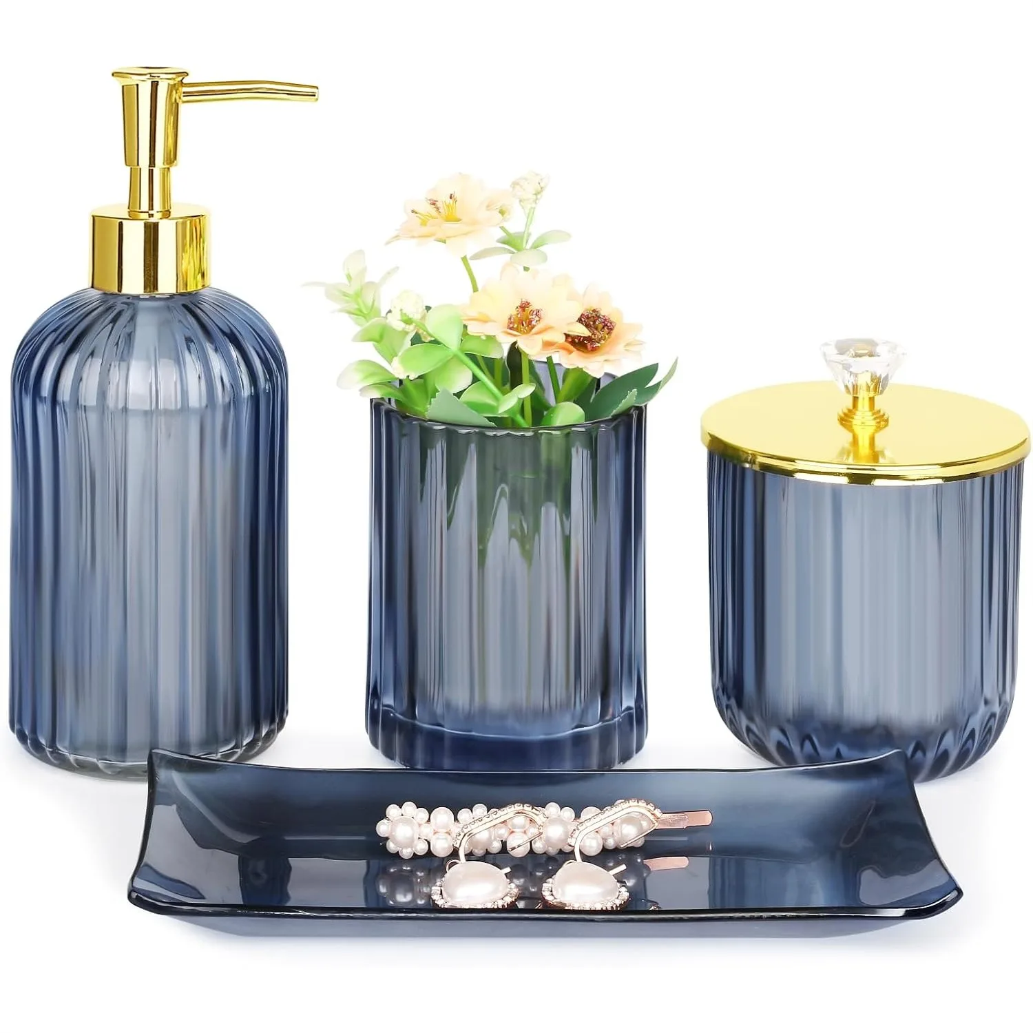 

Blue Glass Bathroom Accessories Set, 4 Pcs with Soap Dispenser, Toothbrush Holder, Apothecary Jar & Vanity Tray, Home Decor