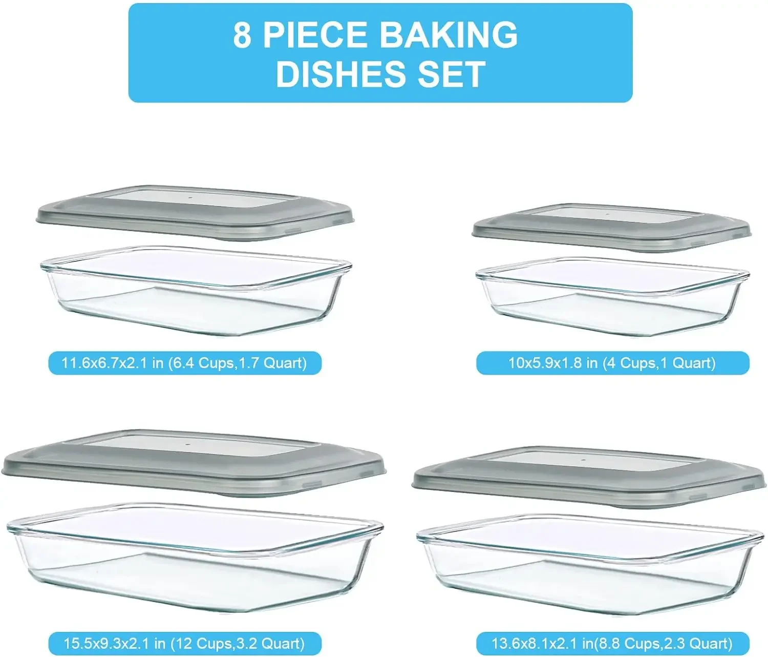 KOMUEE 8 Pieces Glass Baking Dish with Lids Rectangular Glass Baking Pan Bakeware Set with BPA Free Lids, Baking Pans for